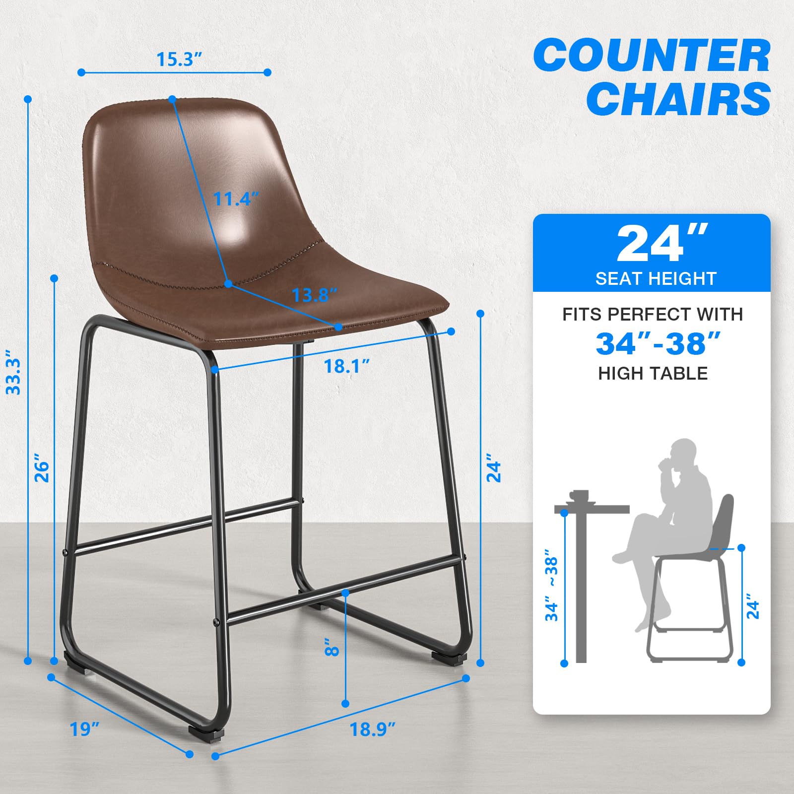 Rfiver Pu Faux Leather Bar Stools, Industrial Pub Barstools with Back and Footrest, Modern Armless Bar Height Stool Chairs